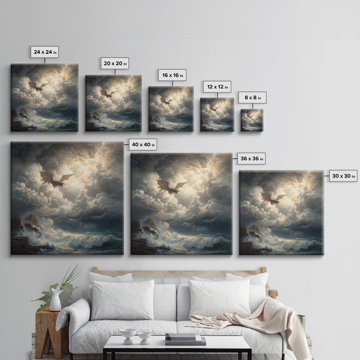 Dragon Flying Through Lightning Storm Over Ocean Wall Art, Dark Fantasy Seascape Canvas Print, Nautical Gothic Decor Gift