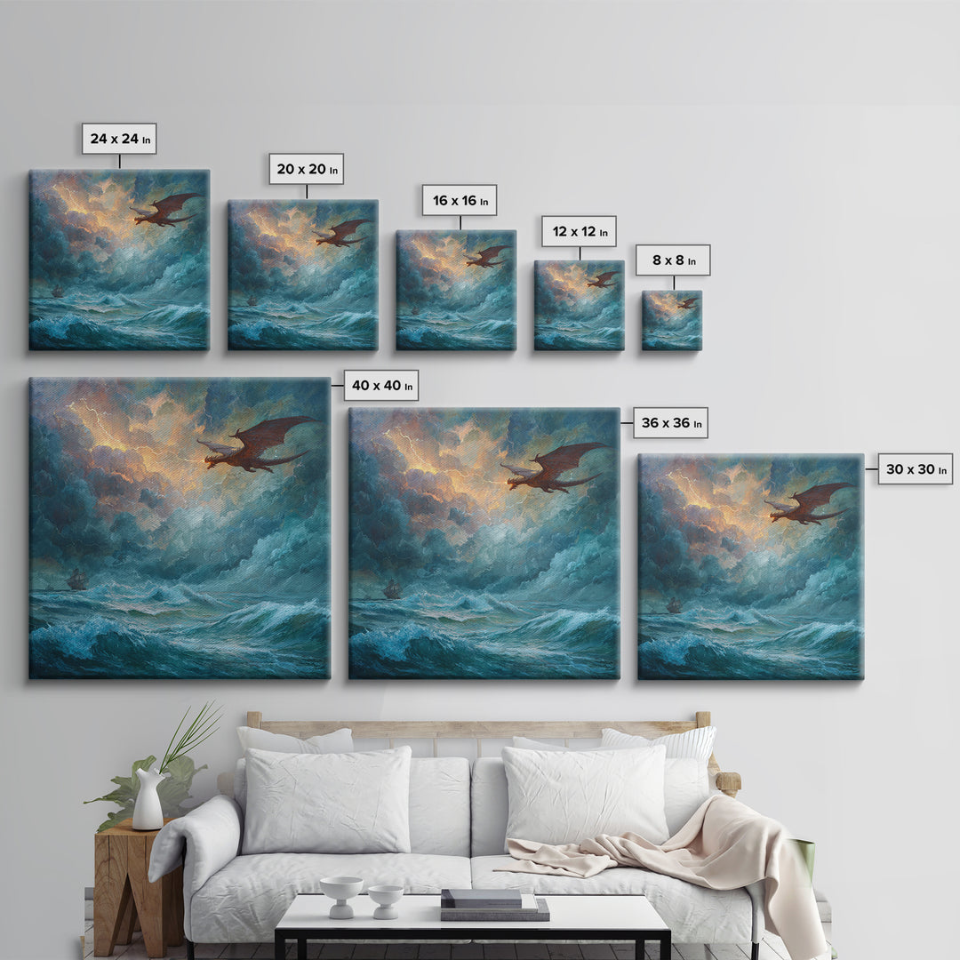 Red Dragon Soaring Above Stormy Ocean Canvas Print, Epic Fantasy Seascape Wall Art, Gothic Nautical Living Room Decor Gift