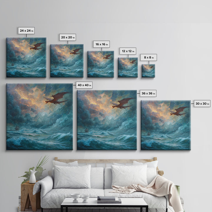Red Dragon Soaring Above Stormy Ocean Canvas Print, Epic Fantasy Seascape Wall Art, Gothic Nautical Living Room Decor Gift