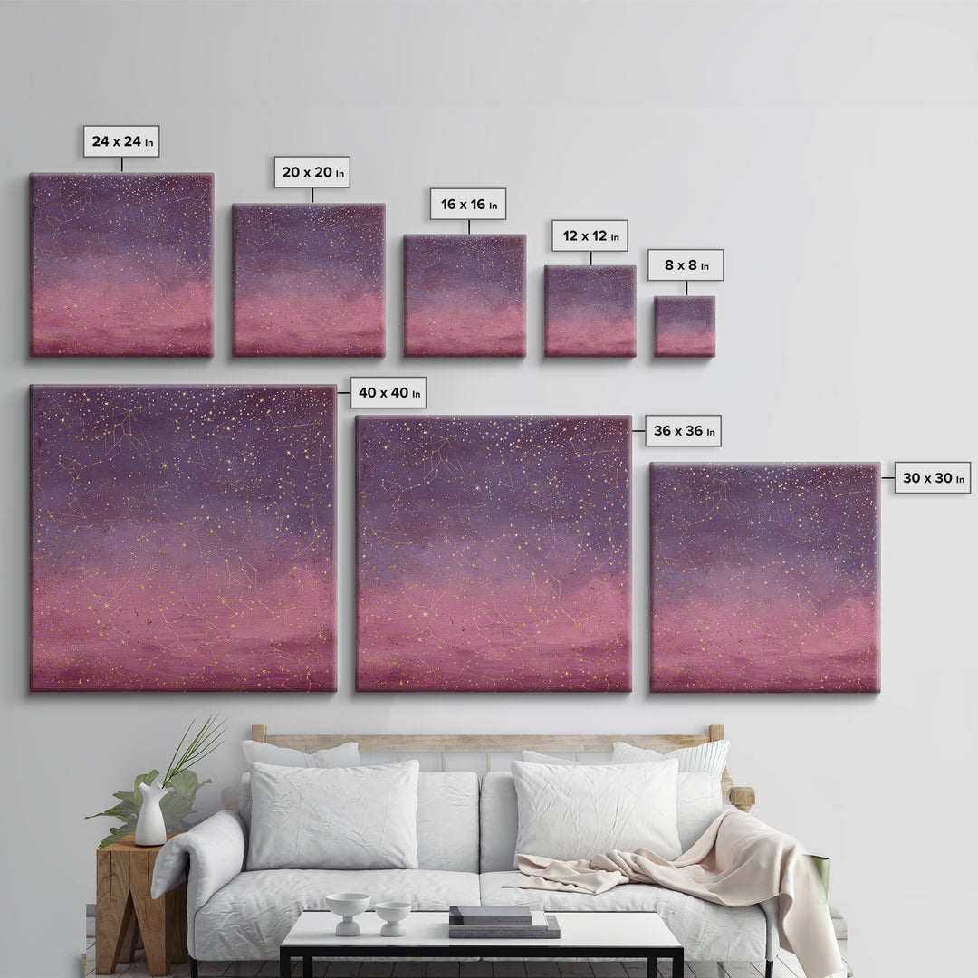 Golden Zodiac Constellation Sky Wall Art, Astrology Poster, Celestial Wall Decor, Mystical Purple Bedroom Art Print Gift