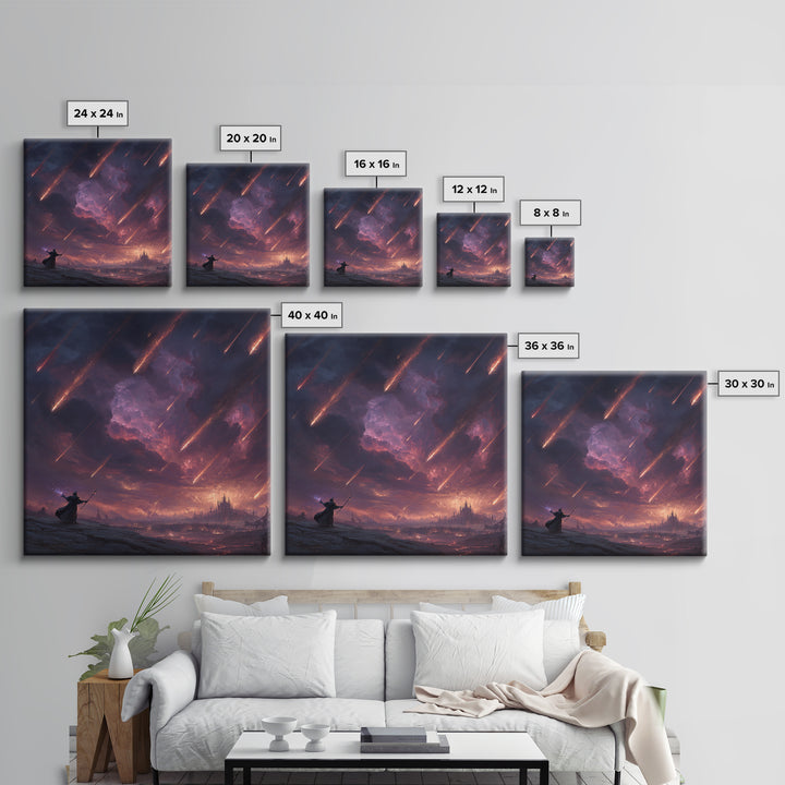 Meteor Storm Wizard Fantasy Wall Art, Dark Castle Canvas Print, Apocalyptic Sky, Gothic Gaming Room Decor, Unique Gift For Him