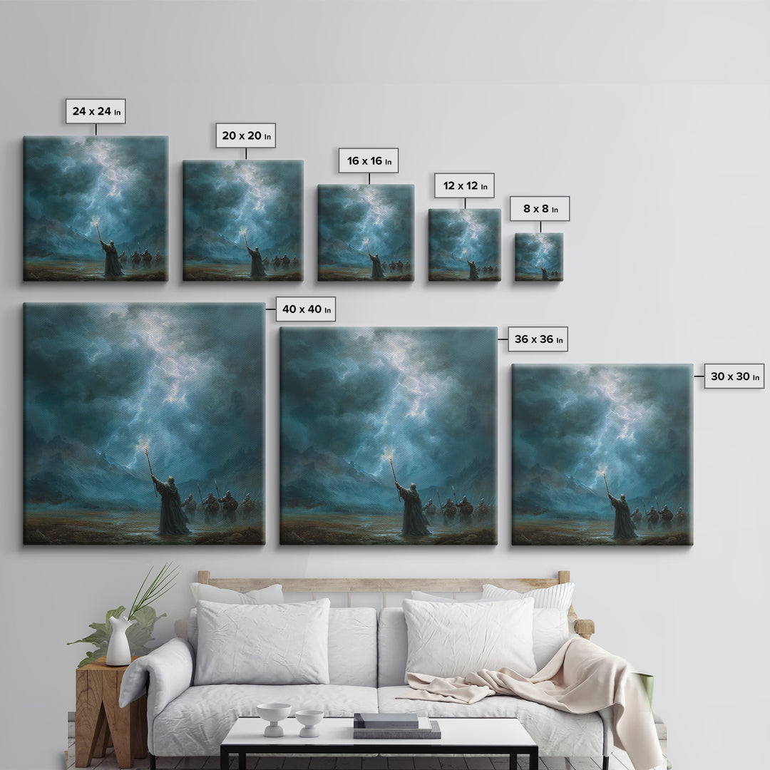 Storm Wizard Raising Lightning Wall Art, Epic Fantasy Canvas Print, Blue Mountain Battle Scene, Dark Academia Office Decor