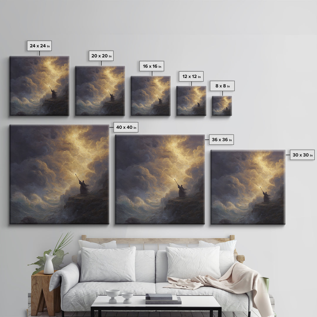 Golden Lightning Wizard Seascape Wall Art, Stormy Ocean Framed Canvas Print, Mythological Fantasy Decor, Moody Fine Art Gift