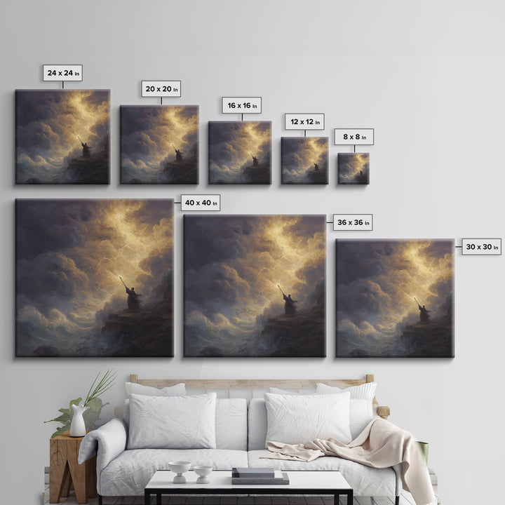 Golden Lightning Wizard Seascape Wall Art, Stormy Ocean Framed Canvas Print, Mythological Fantasy Decor, Moody Fine Art Gift