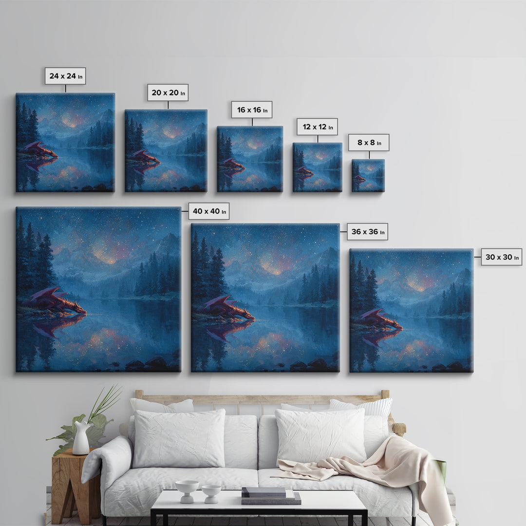 Starlit Dragon Lake Fantasy Wall Art, Blue Mountain Canvas Print, Celestial Nursery Decor, Magical Kids Room Art Gift For Dragon Lovers