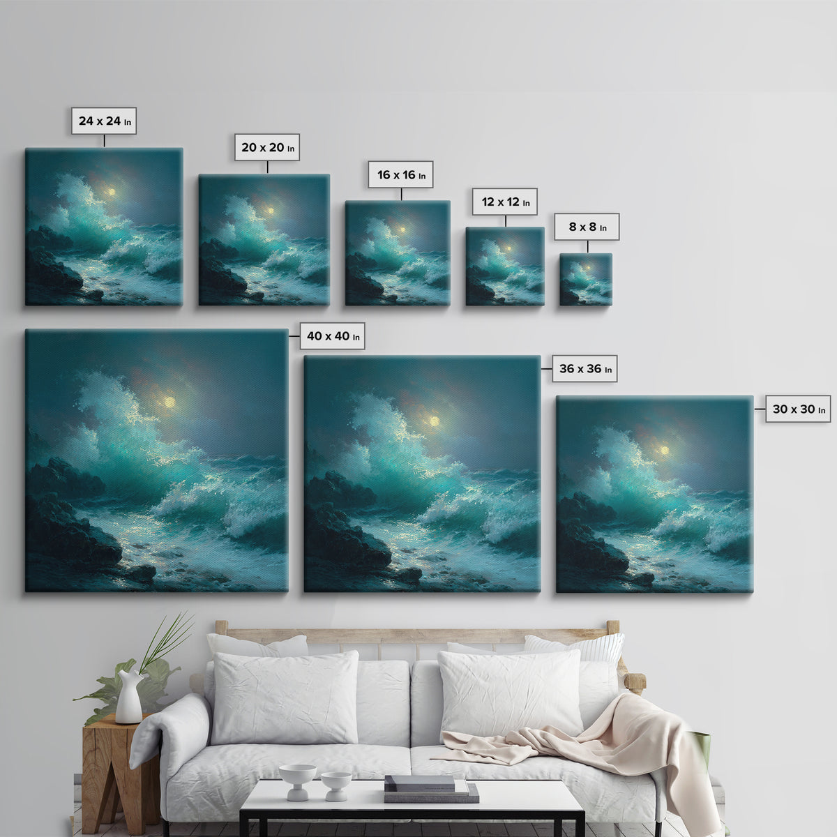 Moonlit Turquoise Wave Seascape Wall Art, Ocean Canvas Print, Coastal Bathroom Decor, Nautical Living Room Art Gift For Beach House