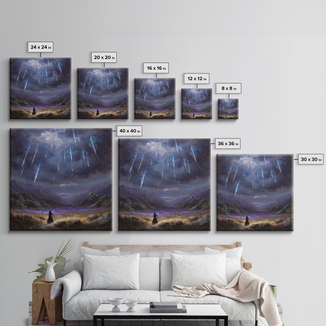 Icy Meteor Valley Wizard Wall Art, Dark Fantasy Framed Canvas Print, Mountain Landscape Decor, Gothic Office Art Gift For Him