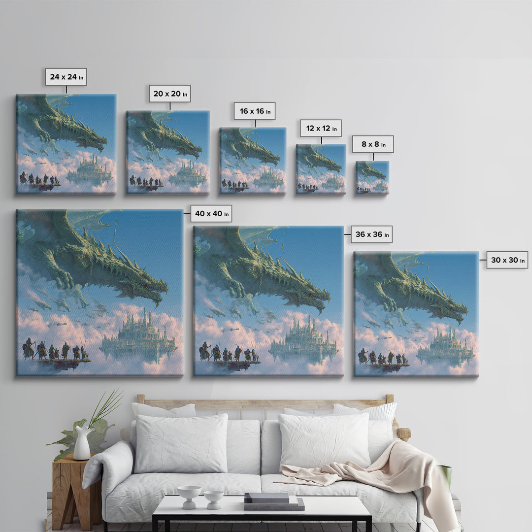 Giant Dragon Over Sky Castle Wall Art, Epic Fantasy Canvas Print, Floating Kingdom Decor, Gaming Room Statement Artwork Gift