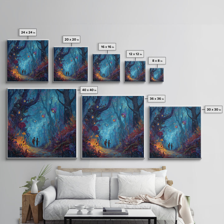 Glowing Eyed Enchanted Forest Wall Art, Whimsical Fantasy Canvas Print, Mushroom Kids Room Decor, Magical Nursery Gift For Her