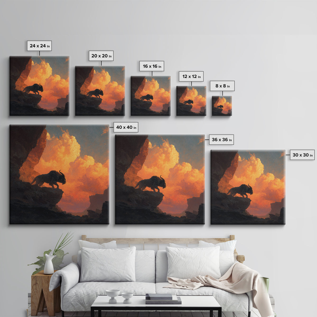 Cave Bison Sunset Canyon Wall Art, Southwestern Wildlife Canvas Print, Rustic Western Decor, Buffalo Landscape Art Gift For Him