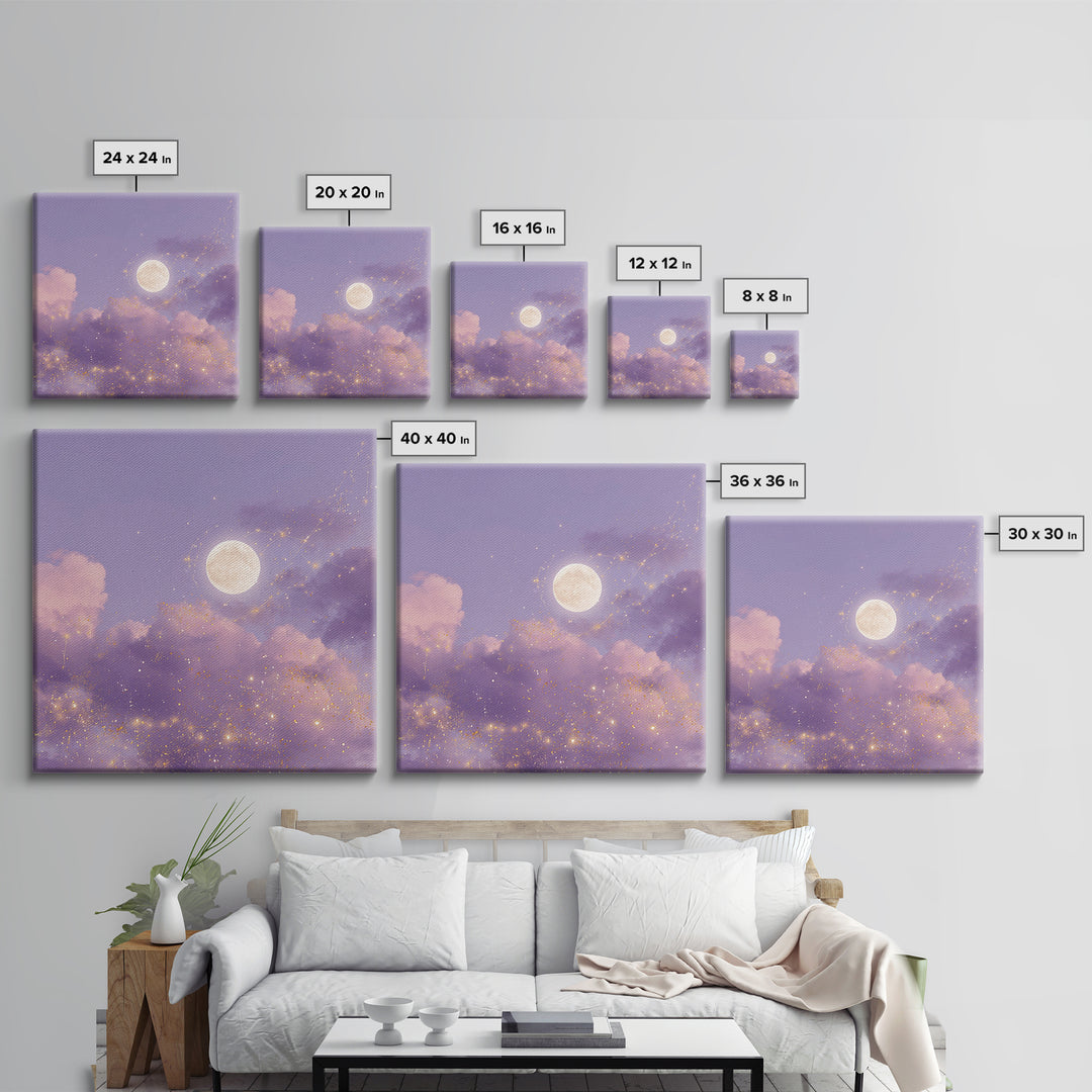 Full Moon With Golden Constellations Wall Art, Celestial Canvas Print, Purple Cloud Decor, Mystical Bedroom Gift For Her