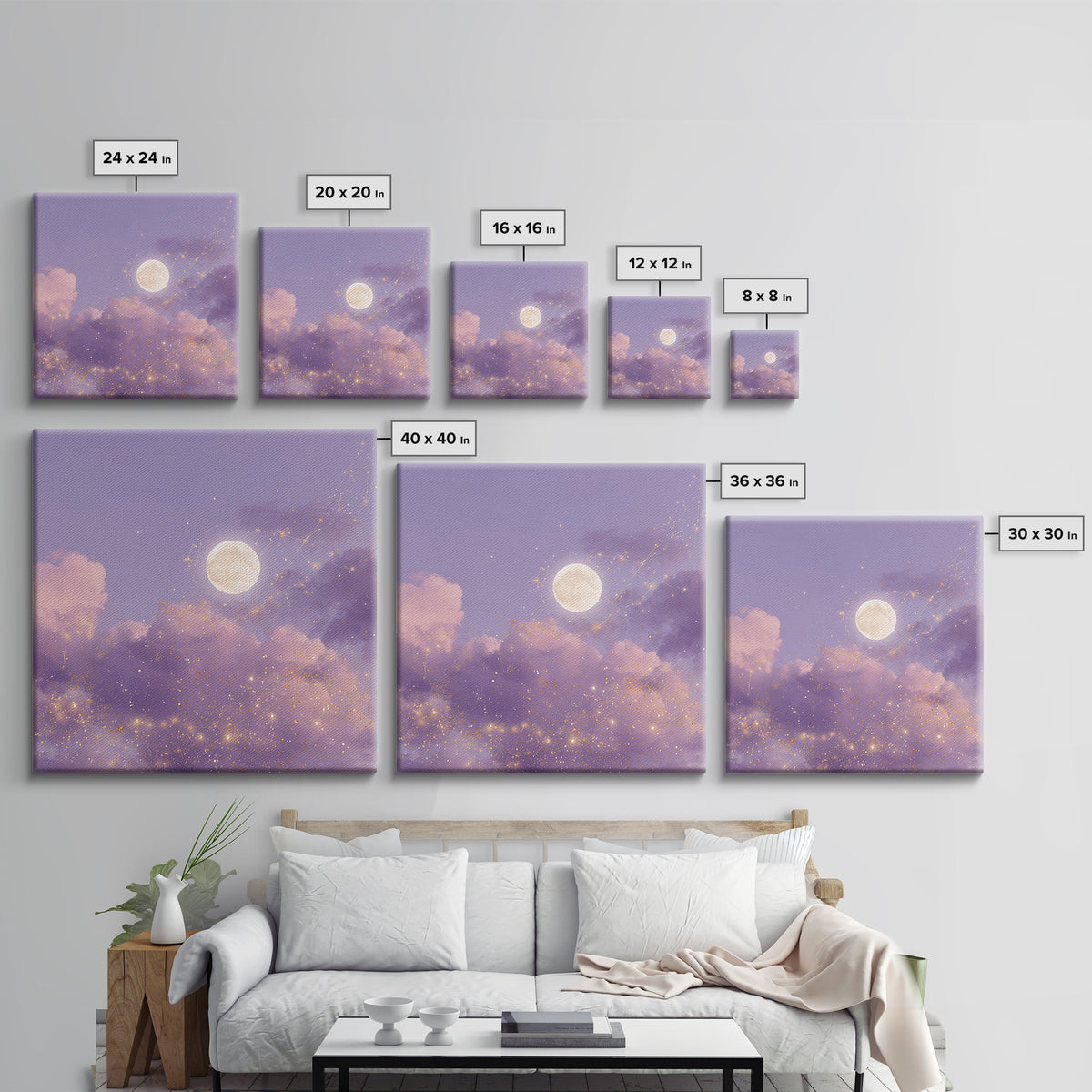 Full Moon With Golden Constellations Wall Art, Celestial Canvas Print, Purple Cloud Decor, Mystical Bedroom Gift For Her