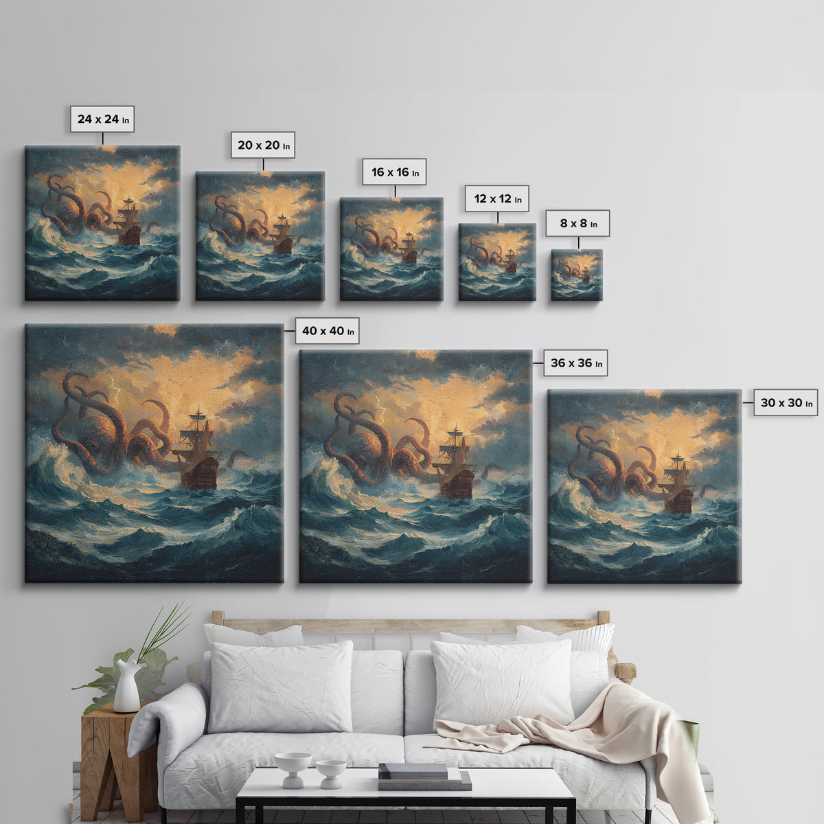 Storm Kraken And Tall Ship In Tempest Seas Canvas Print, Nautical Fantasy Wall Art, Ocean Monster Decor, Gift For Him, Coastal Home Decor