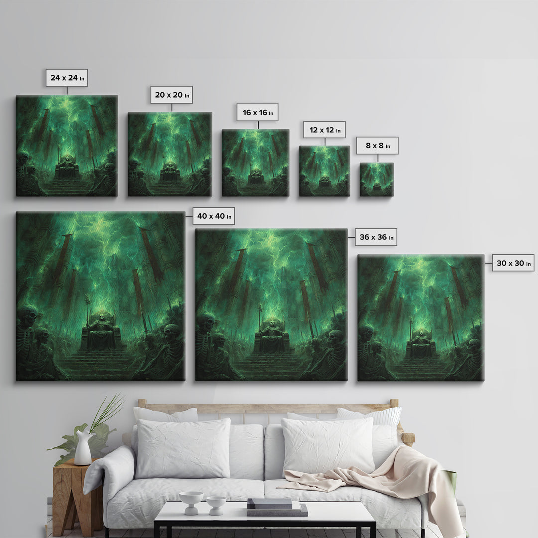 Emerald Necromancer Throne With Skeleton Army Framed Canvas Print, Gothic Wall Art, Dark Fantasy Decor, Occult Office Art