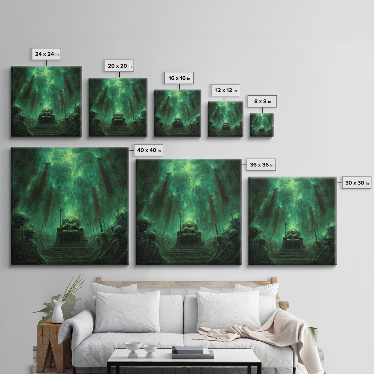 Emerald Necromancer Throne With Skeleton Army Framed Canvas Print, Gothic Wall Art, Dark Fantasy Decor, Occult Office Art