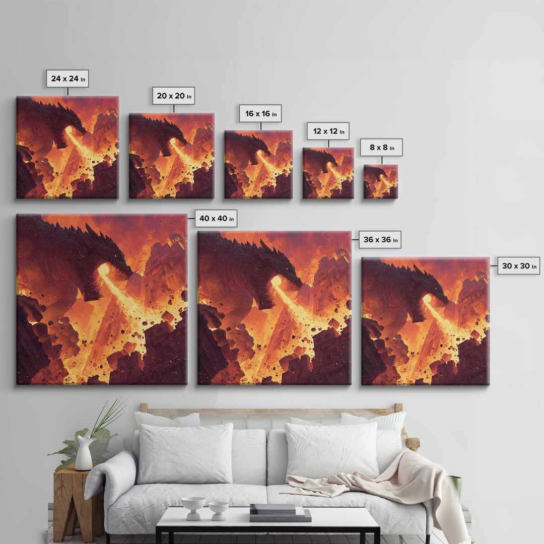 Fire Breathing Dragon Over Ruined City Canvas Print, Epic Fantasy Wall Art, Dystopian Decor, Gaming Room Statement Art, Gift For Him