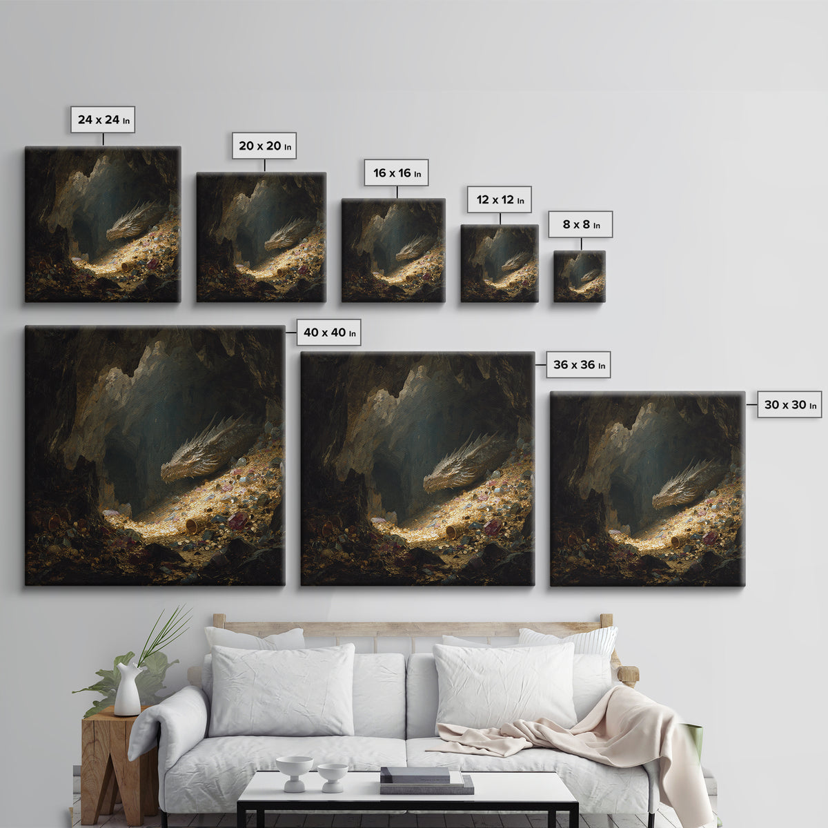 Sleeping Dragon On Glittering Treasure Hoard Canvas Print, Fantasy Wall Art, Cave Decor, Mythical Creature Gift For Him, Unique Home Decor