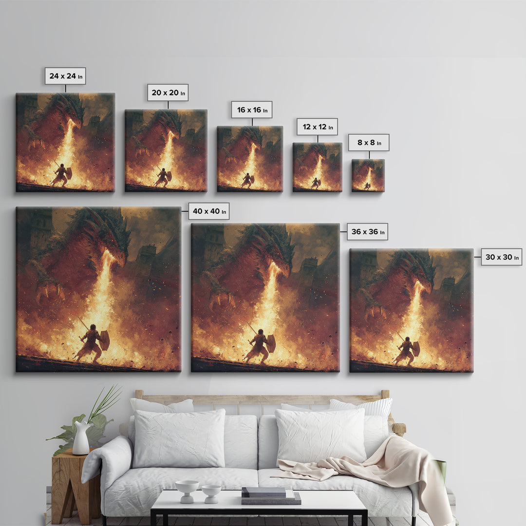 Warrior Facing Fire Breathing Dragon Framed Canvas Print, Epic Fantasy Wall Art, Hero Battle Decor, Gaming Room Gift For Him, Large Art