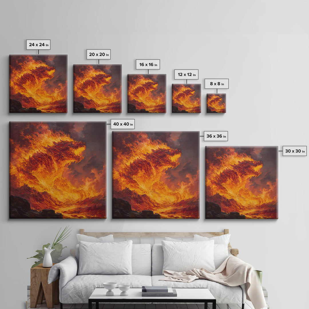 Blazing Fire Dragon Rising From Lava Canvas Print, Fantasy Wall Art, Orange Statement Artwork, Dark Fantasy Home Decor, Gift For Him