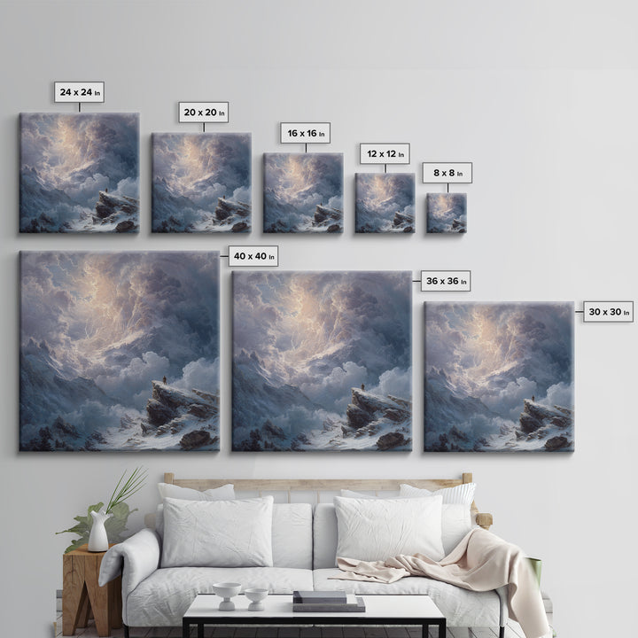 Lone Explorer On Snowy Mountain Storm Canvas Print, Winter Landscape Wall Art, Moody Nature Decor, Adventure Gift For Him