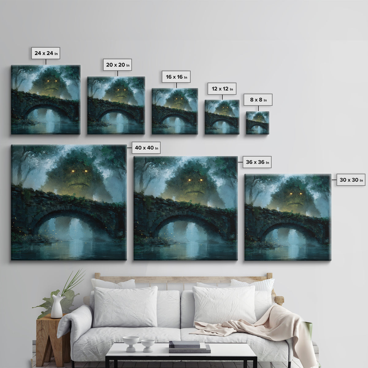 Mossy Forest Giant Above Stone Bridge Framed Canvas Print, Whimsical Fantasy Wall Art, Nature Decor, Cozy Gift For Her, Woodland Home Decor