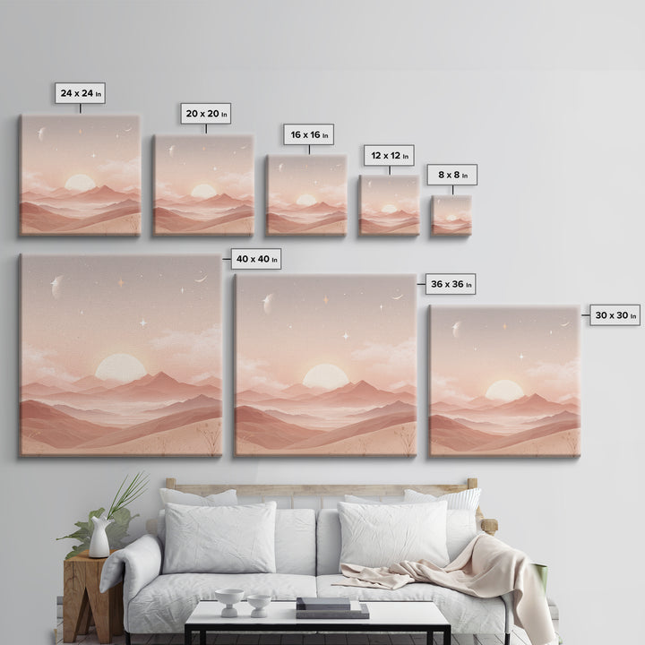Peach Sunrise Mountains With Moon And Stars Wall Art, Minimalist Landscape Print, Celestial Nursery Decor, Above Bed Art