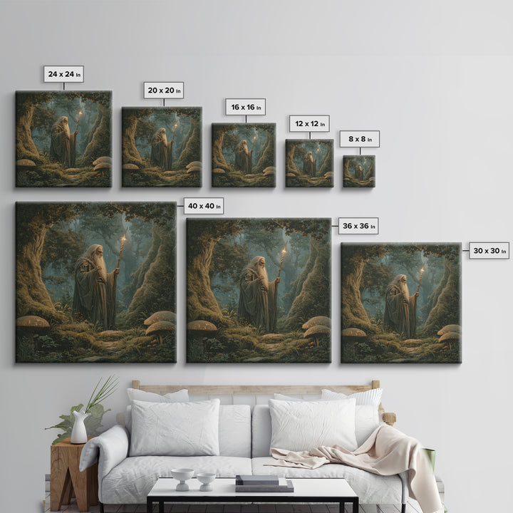 Ancient Wizard With Glowing Staff Framed Canvas Print, Fantasy Wall Art, Enchanted Forest Home Decor, Dark Academia Gift
