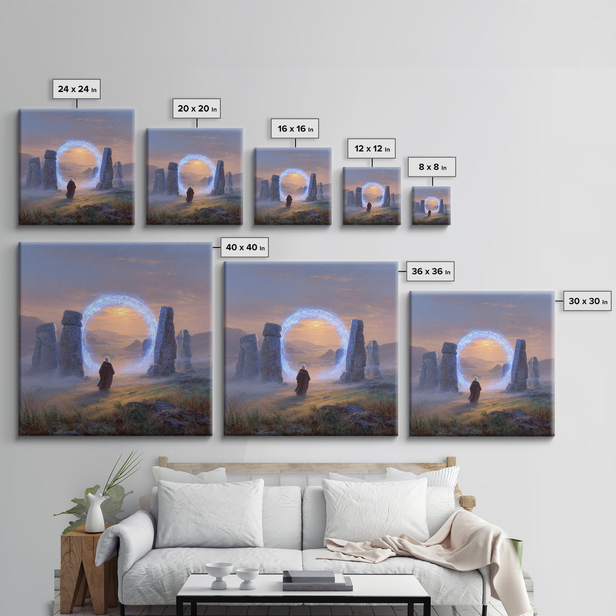 Glowing Rune Portal Between Ancient Stones Canvas Print, Fantasy Landscape Wall Art, Mystical Home Decor, Magic Gateway Art