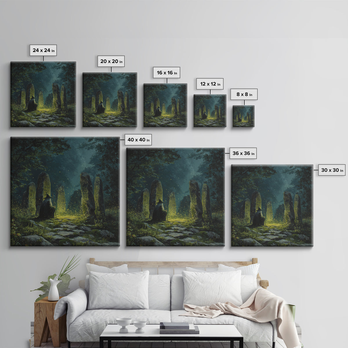 Dark Witch At Ancient Rune Stones Wall Art, Gothic Fantasy Canvas Print, Mystical Forest Decor, Dark Academia Poster Gift