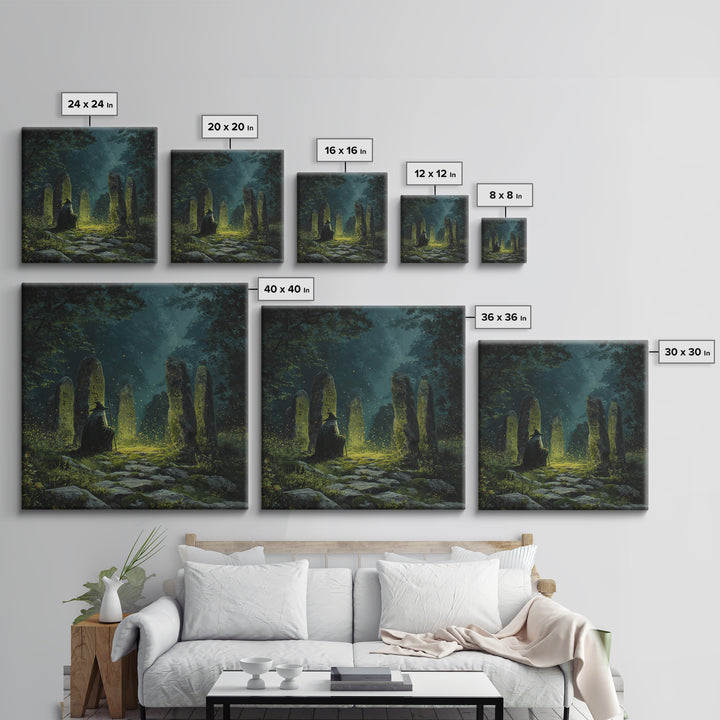 Dark Witch At Ancient Rune Stones Wall Art, Gothic Fantasy Canvas Print, Mystical Forest Decor, Dark Academia Poster Gift