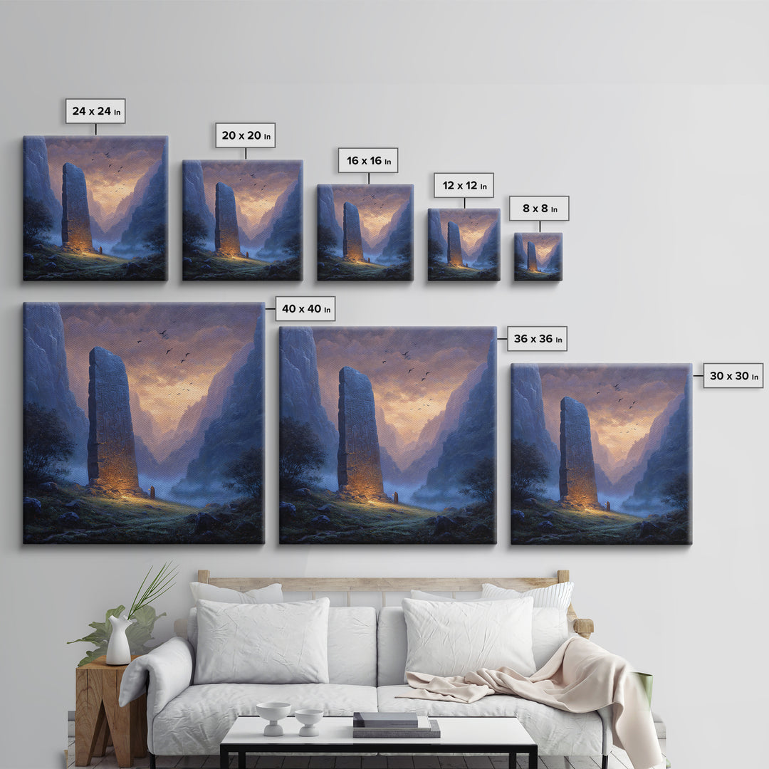 Carved Rune Monolith In Misty Mountain Valley Wall Art, Fantasy Landscape Canvas Print, Mystical Ancient Stone Home Decor