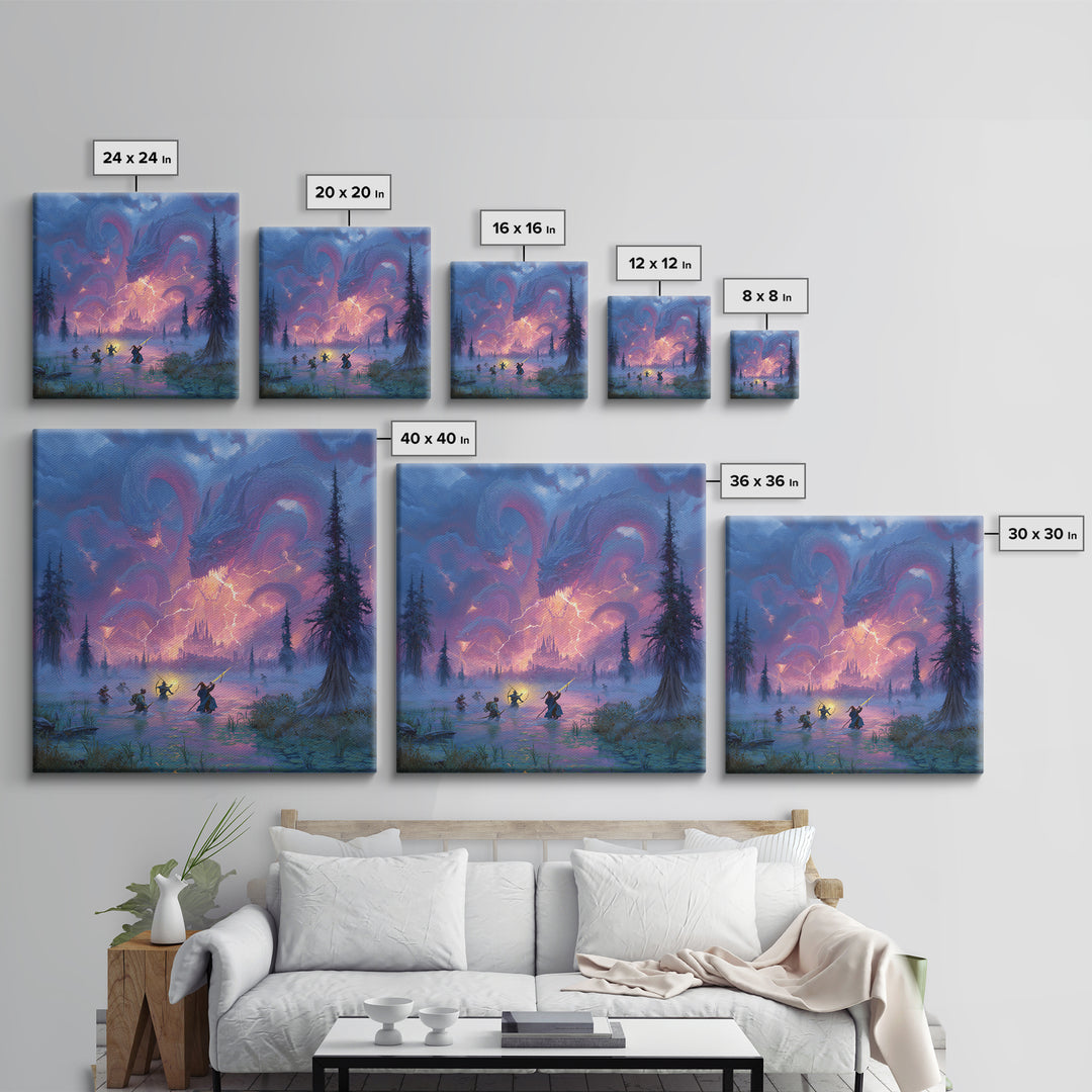 Epic Blue Dragon Battle Over Misty Castle Canvas Print, Fantasy Wall Art, Dungeons And Dragons Decor, Gamer Room Decor Gift