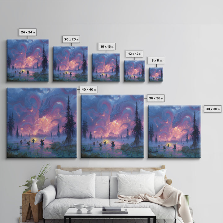 Epic Blue Dragon Battle Over Misty Castle Canvas Print, Fantasy Wall Art, Dungeons And Dragons Decor, Gamer Room Decor Gift