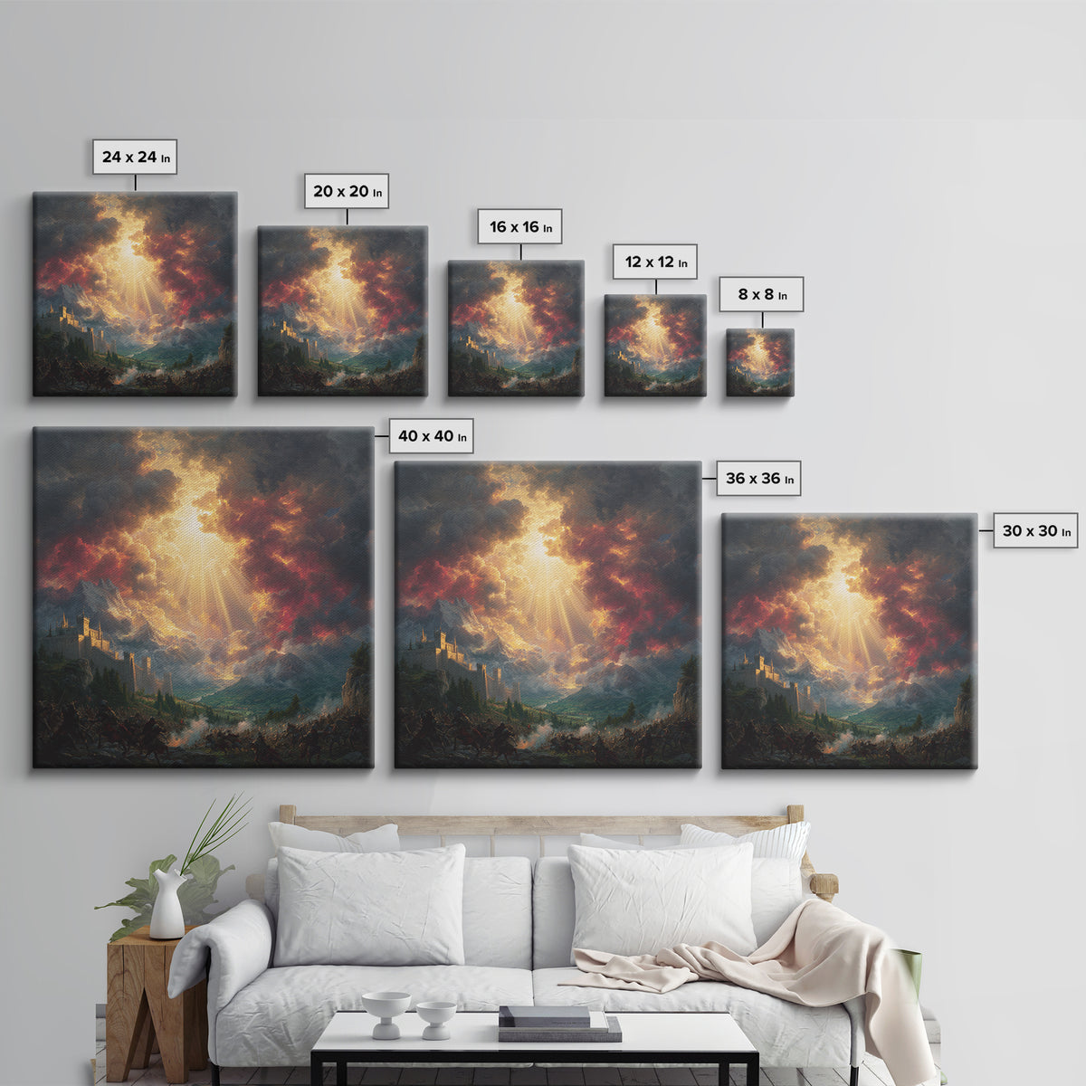 Heavenly Light Over Castle And Mountain Battlefield Wall Art, Epic Fantasy Canvas Print, Dramatic Landscape Home Decor Gift