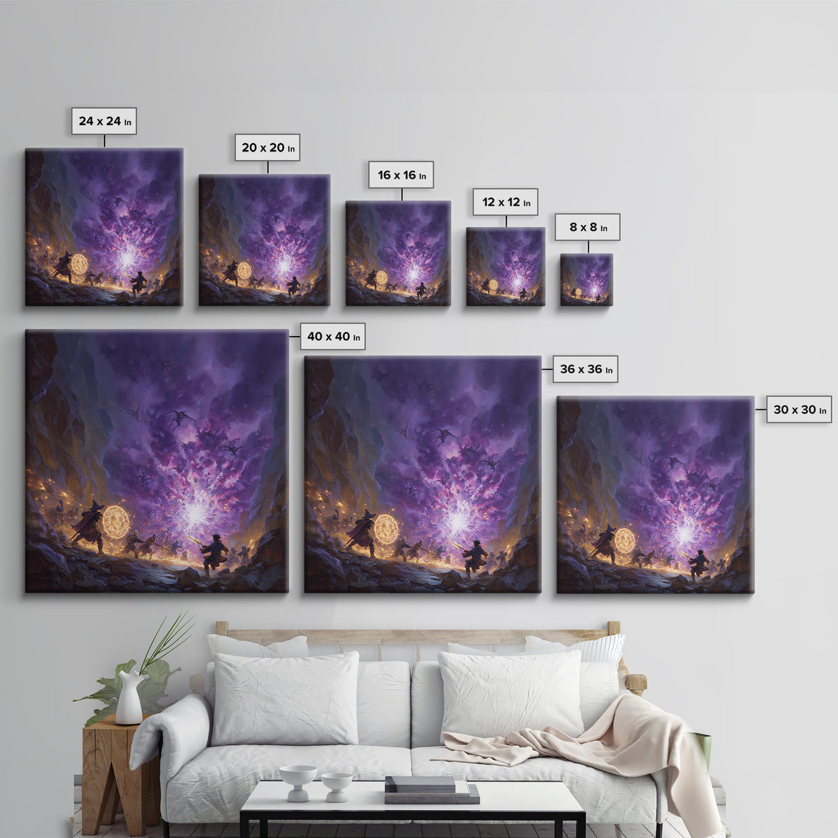 Wizard Party Fighting Purple Demon Portal Wall Art, Dark Fantasy Canvas Print, Dungeons And Dragons Game Room Decor Gift
