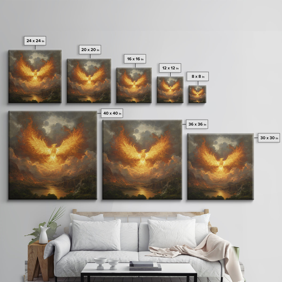 Fiery Phoenix Rising Above Stormy Valley Wall Art, Mythical Fantasy Canvas Print, Dramatic Firebird Epic Home Decor Gift