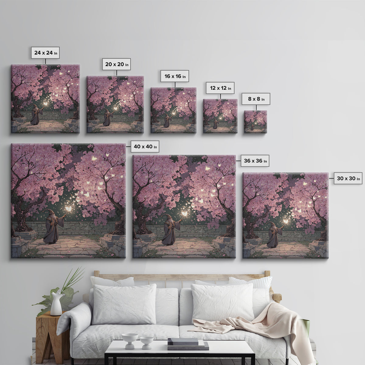 Wizard Casting Light Beneath Cherry Blossoms Canvas Print, Fantasy Wall Art, Pink Floral Magical Garden Home Decor, Unique Gift