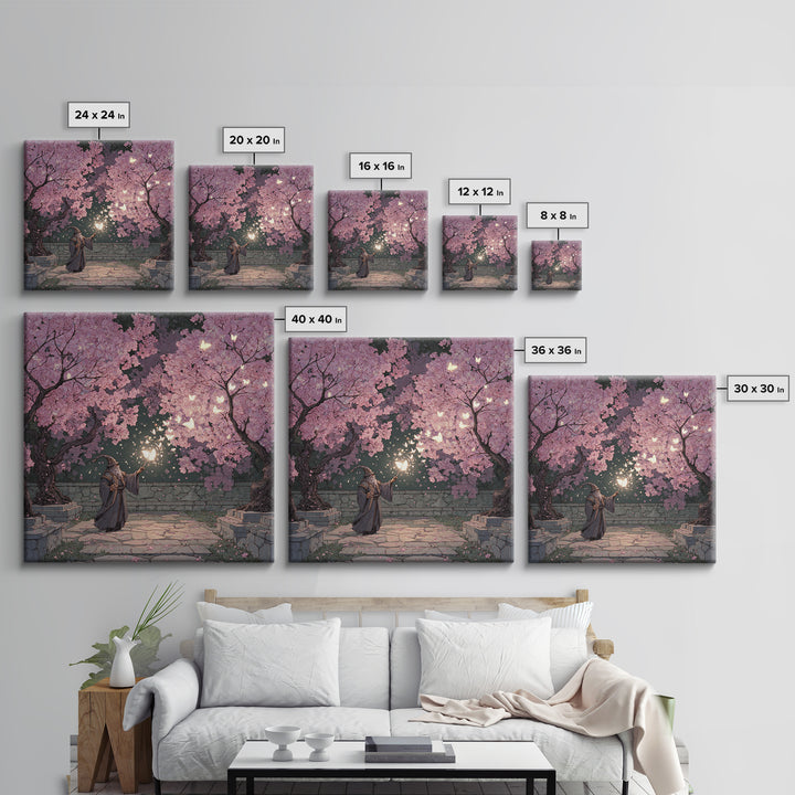 Wizard Casting Light Beneath Cherry Blossoms Canvas Print, Fantasy Wall Art, Pink Floral Magical Garden Home Decor, Unique Gift