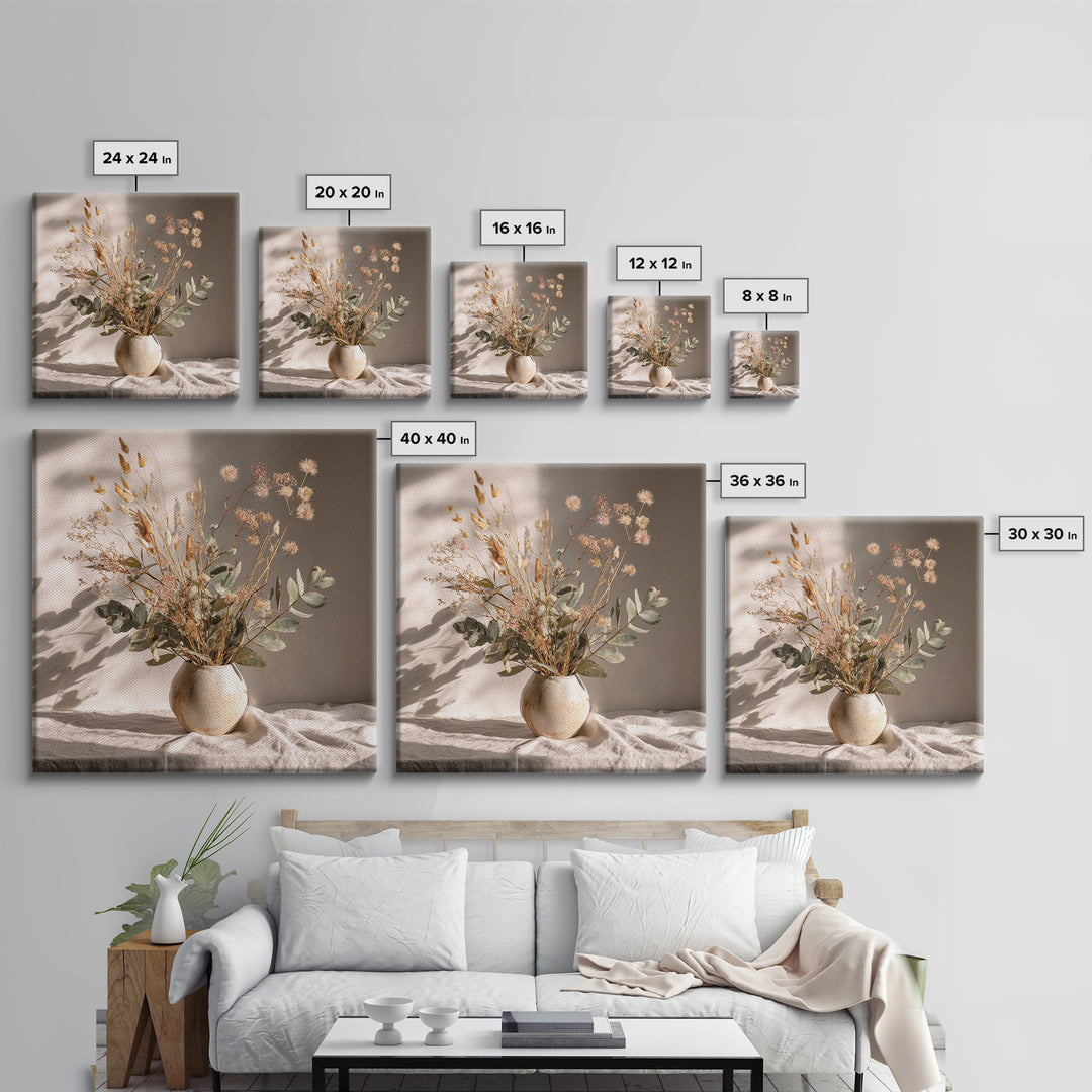 Sunlit Dried Eucalyptus Vase Wall Art, Neutral Botanical Canvas Print, Japandi Home Decor, Minimalist Bedroom Decor Gift For Her