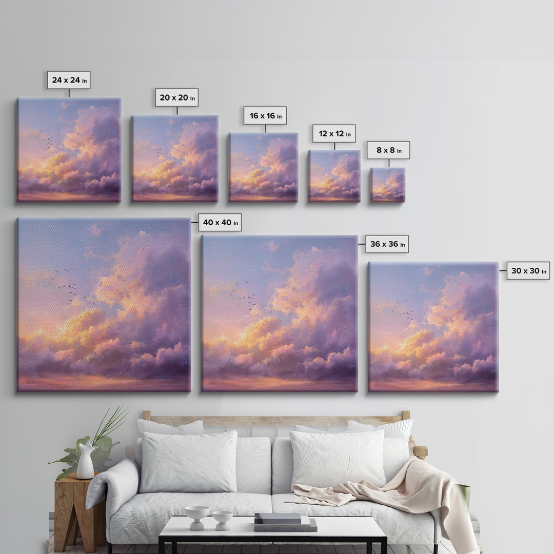 Pastel Sunset Clouds With Flying Birds Wall Art, Dreamy Sky Canvas Print For Living Room Decor And Serene Bedroom Decor Gift