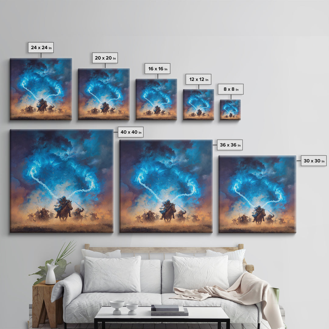 Blue Storm Giant Battle Wall Art, Epic Fantasy Canvas Print, Dark Wizard Decor, Medieval Warrior Gift, Moody Game Room Art