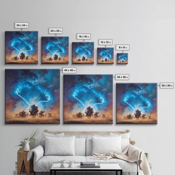 Blue Storm Giant Battle Wall Art, Epic Fantasy Canvas Print, Dark Wizard Decor, Medieval Warrior Gift, Moody Game Room Art