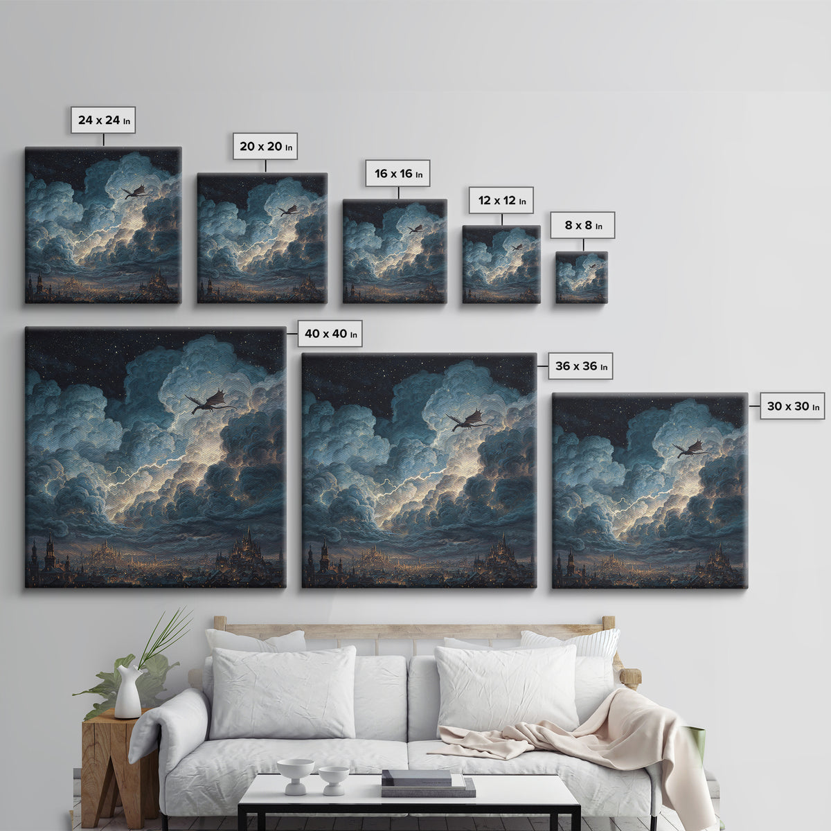 Night Dragon Storm Cloud Wall Art, Fantasy City Canvas Print, Gothic Castle Decor, Moody Sky Art, Gift For Dragon Lovers