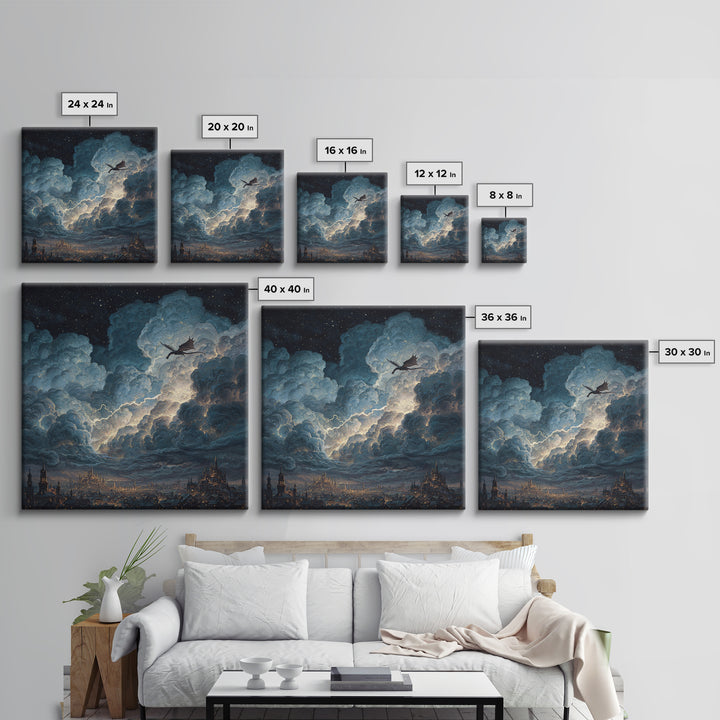 Night Dragon Storm Cloud Wall Art, Fantasy City Canvas Print, Gothic Castle Decor, Moody Sky Art, Gift For Dragon Lovers