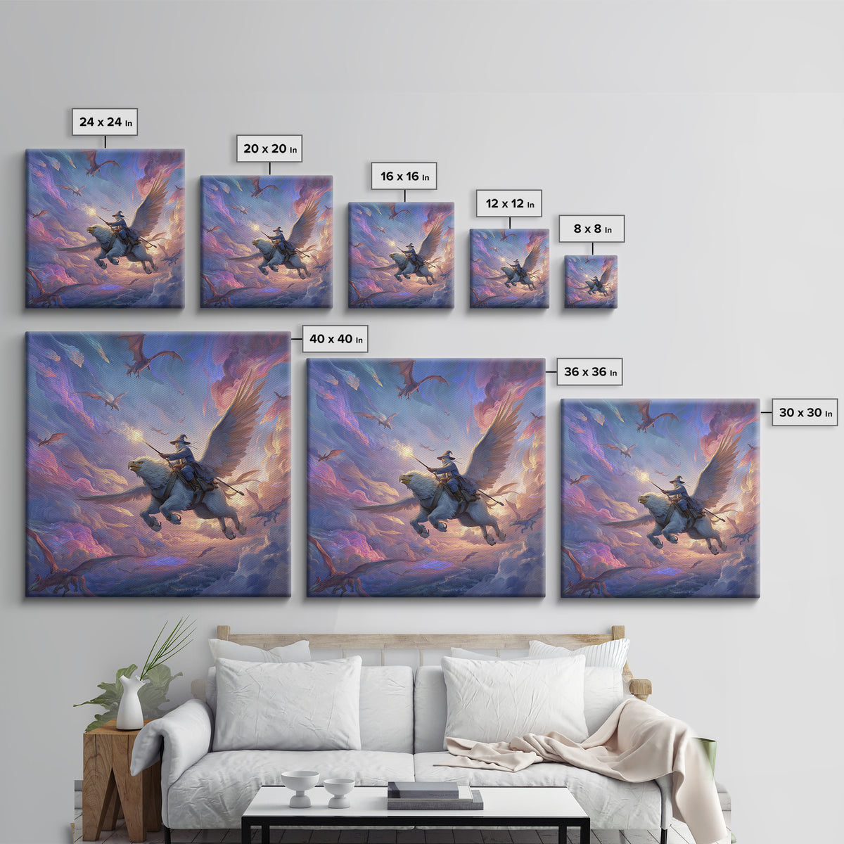 Griffin Rider Sky Battle Wall Art, Whimsical Fantasy Canvas Print, Pastel Dragon Decor, Magical Nursery Or Game Room Art