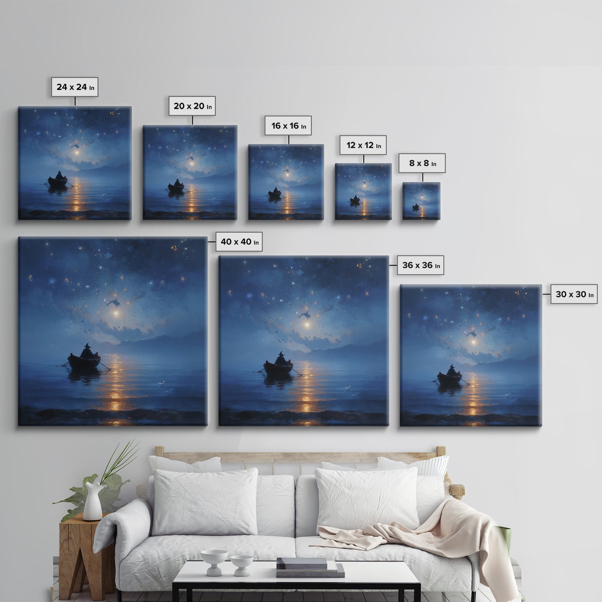 Moonlit Wizard Boat Wall Art, Blue Fantasy Seascape Canvas Print, Celestial Ocean Decor, Dreamy Bedroom Or Office Art Gift
