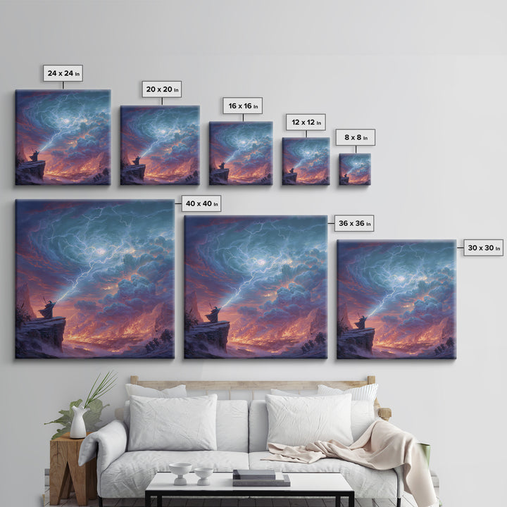 Lightning Wizard Cliff Wall Art, Epic Fantasy Storm Canvas Print, Dramatic Mountain Decor, Dark Magic Gift For Game Room