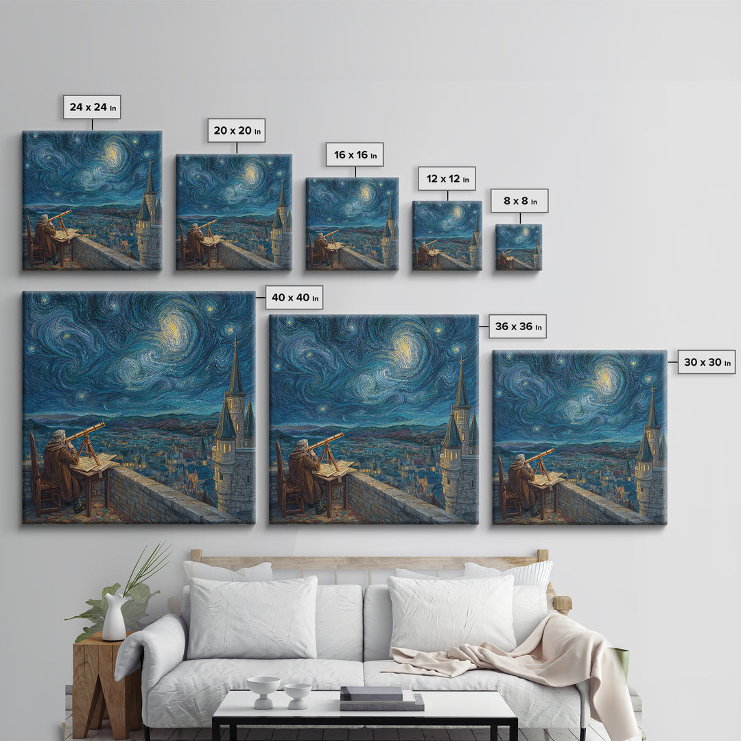 Starry Astronomer Tower Wall Art, Van Gogh Style Canvas Print, Celestial Medieval City Decor, Astronomy Gift For Office Decor