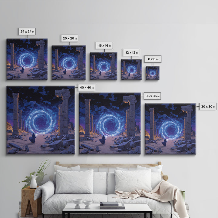 Ancient Ruins Magic Portal Wall Art, Blue Fantasy Canvas Print, Mystical Wizard Decor, Surreal Game Room Or Home Office Gift