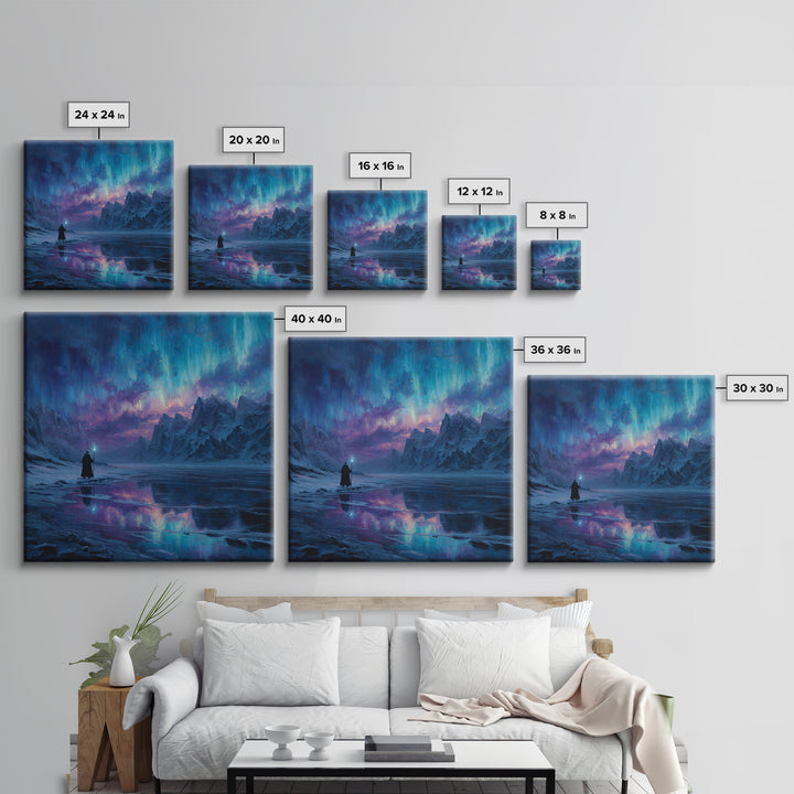 Aurora Mountain Wizard Wall Art, Frozen Fantasy Landscape Canvas Print, Northern Lights Decor, Moody Bedroom Or Office Gift